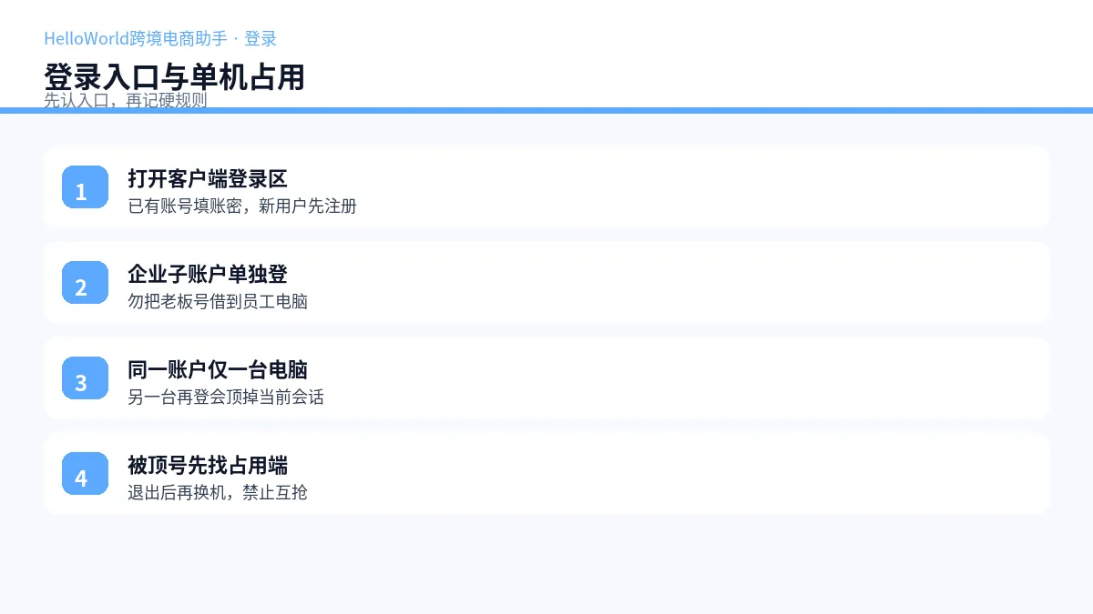 登录入口与账户占用：同一账户仅一台电脑